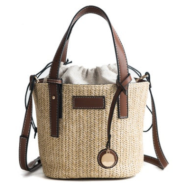 new summer women's bag hand-woven contrast color bucket straw bag cylinder handbag diagonal shoulder beach bag
