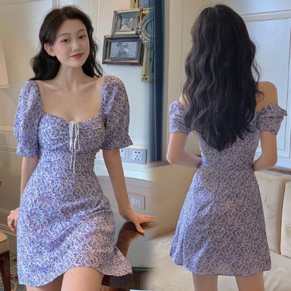 Retro Puff Sleeve Square Neck Clavicle Dress Girly Floral Holiday Dress