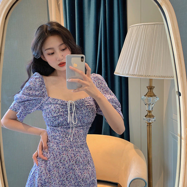 Retro Puff Sleeve Square Neck Clavicle Dress Girly Floral Holiday Dress