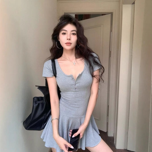 Gray U-neck Slim-fit Short Sleeve Dress Women
