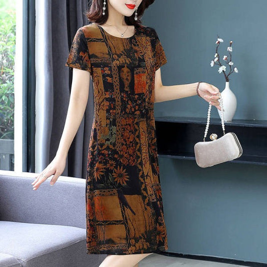 Printed Dress Slim Fit Slimming Youthful-looking Mid-length Short Sleeve Women's Dress