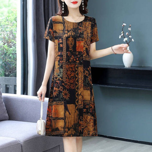Printed Dress Slim Fit Slimming Youthful-looking Mid-length Short Sleeve Women's Dress