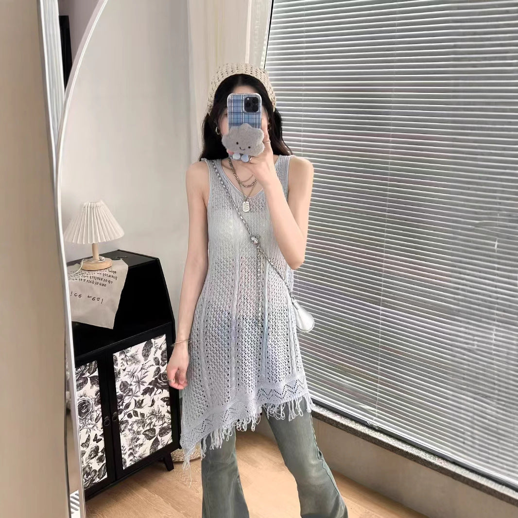 Sweet All-matching Hollow Sleeveless Knitted Dress Women