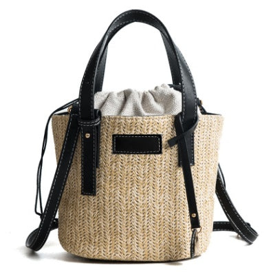 new summer women's bag hand-woven contrast color bucket straw bag cylinder handbag diagonal shoulder beach bag
