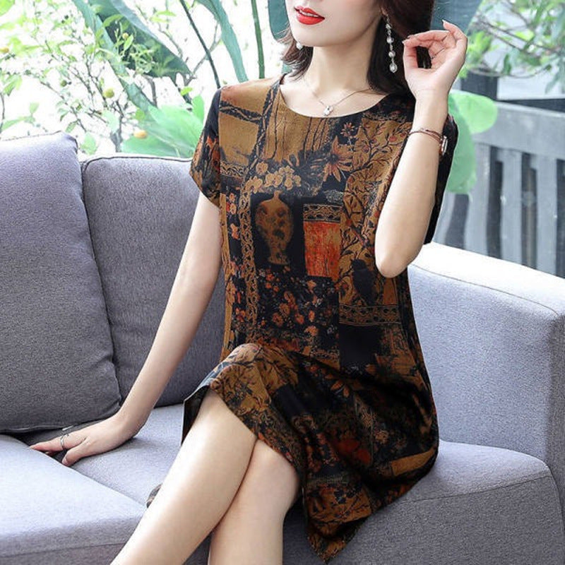 Printed Dress Slim Fit Slimming Youthful-looking Mid-length Short Sleeve Women's Dress