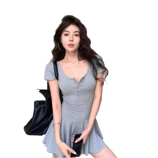 Gray U-neck Slim-fit Short Sleeve Dress Women