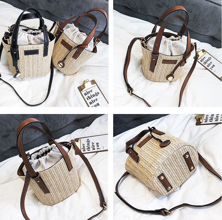 new summer women's bag hand-woven contrast color bucket straw bag cylinder handbag diagonal shoulder beach bag