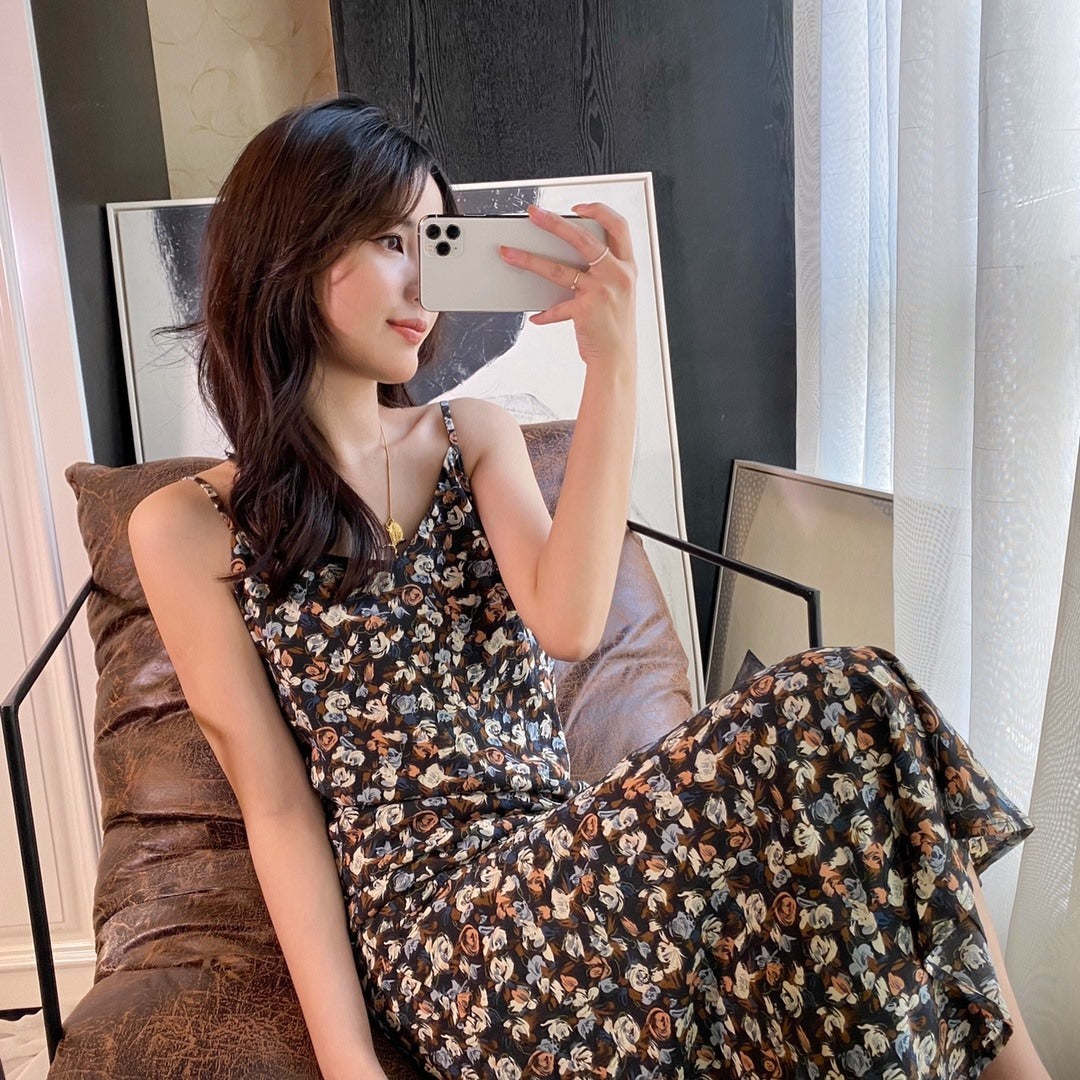 French Niche Floral Sling Skirt Loose And Small Size Dress With Age-Reducing Temperament Women