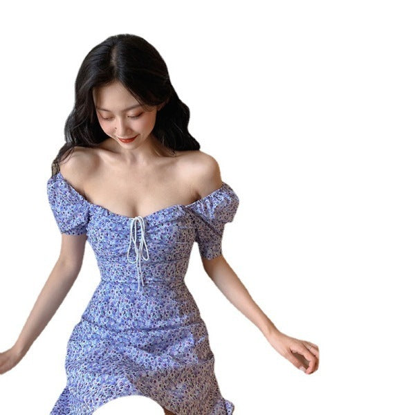 Retro Puff Sleeve Square Neck Clavicle Dress Girly Floral Holiday Dress