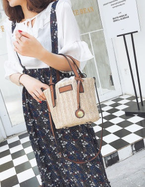 new summer women's bag hand-woven contrast color bucket straw bag cylinder handbag diagonal shoulder beach bag