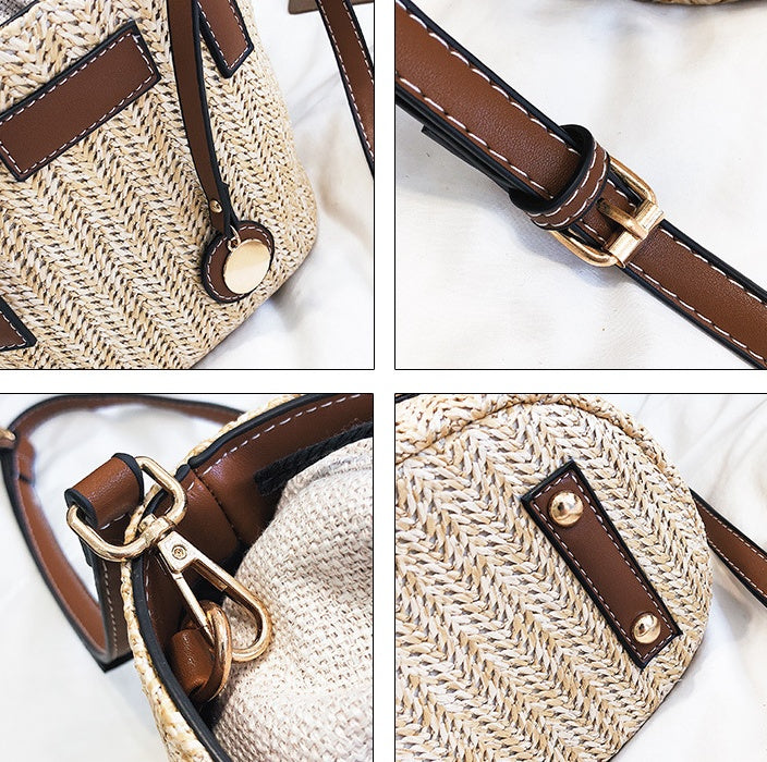 new summer women's bag hand-woven contrast color bucket straw bag cylinder handbag diagonal shoulder beach bag
