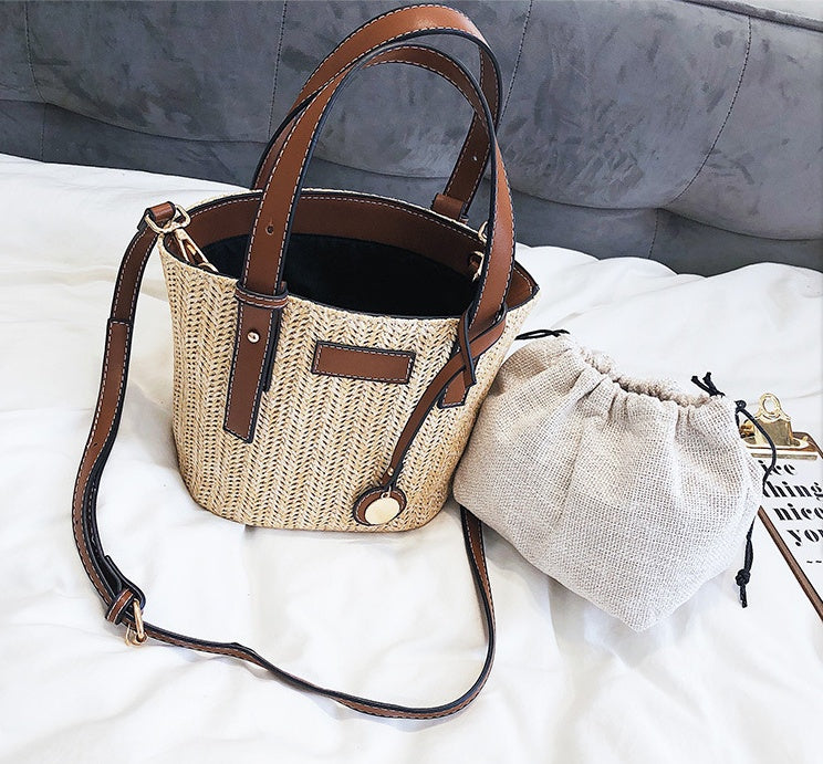 new summer women's bag hand-woven contrast color bucket straw bag cylinder handbag diagonal shoulder beach bag