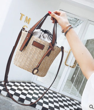 new summer women's bag hand-woven contrast color bucket straw bag cylinder handbag diagonal shoulder beach bag