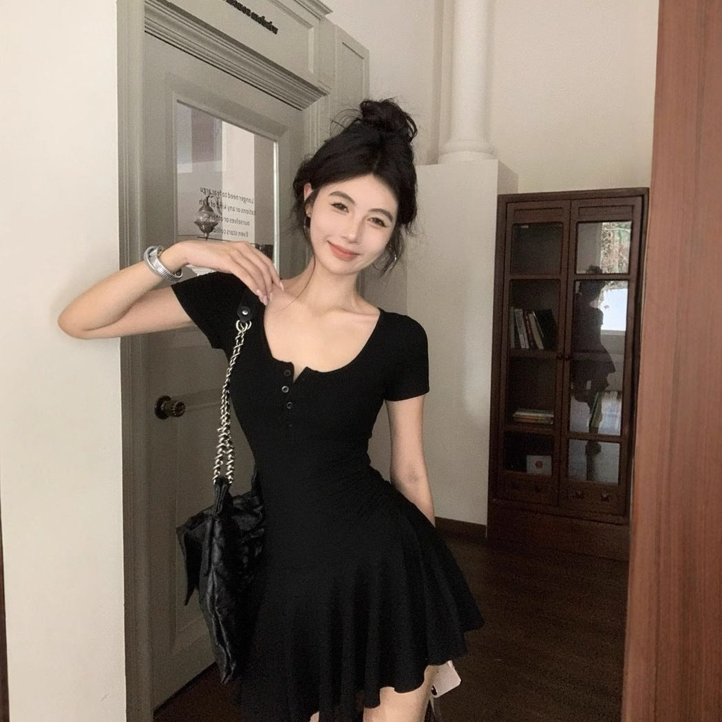 Gray U-neck Slim-fit Short Sleeve Dress Women