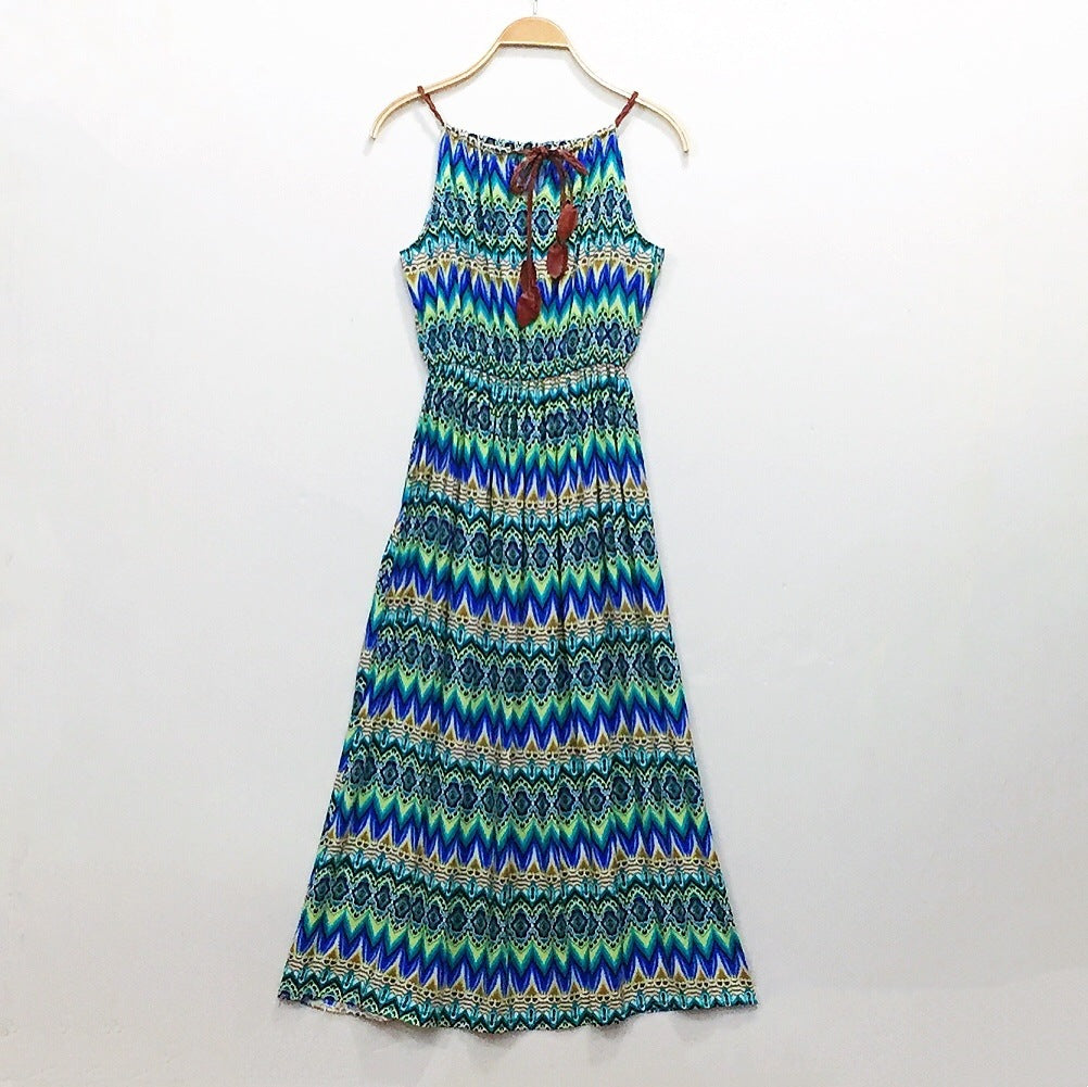 Ethnic Style Dress Women's Cotton Silk Belt Beach Dress With Suspenders
