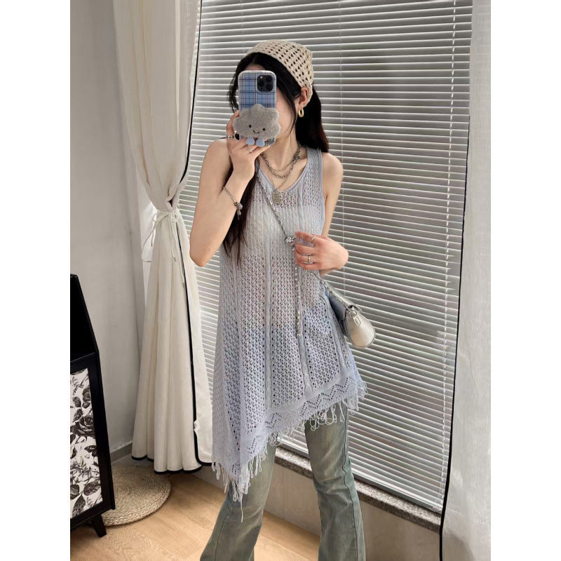 Sweet All-matching Hollow Sleeveless Knitted Dress Women