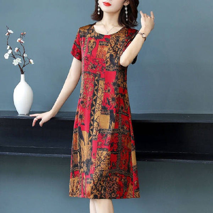Printed Dress Slim Fit Slimming Youthful-looking Mid-length Short Sleeve Women's Dress