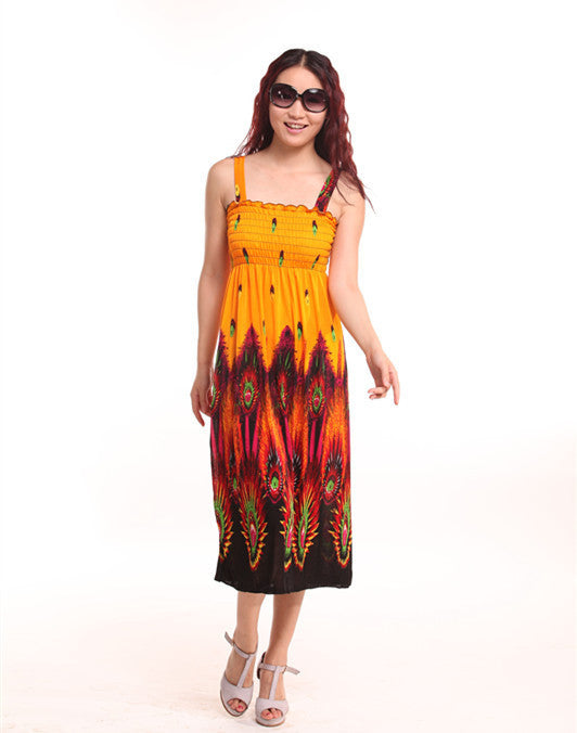 Bohemian Floral Dress Printed Milk Silk Plus Size Beach Dress Suspender Dress For Women